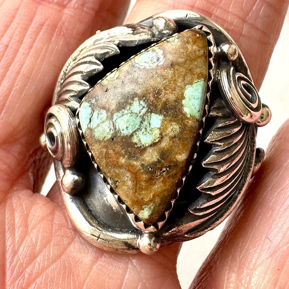 Navajo Mens Ring‎ Sz 11 Turquoise #8 Leaf Feather Signed Morgan Sterling Native